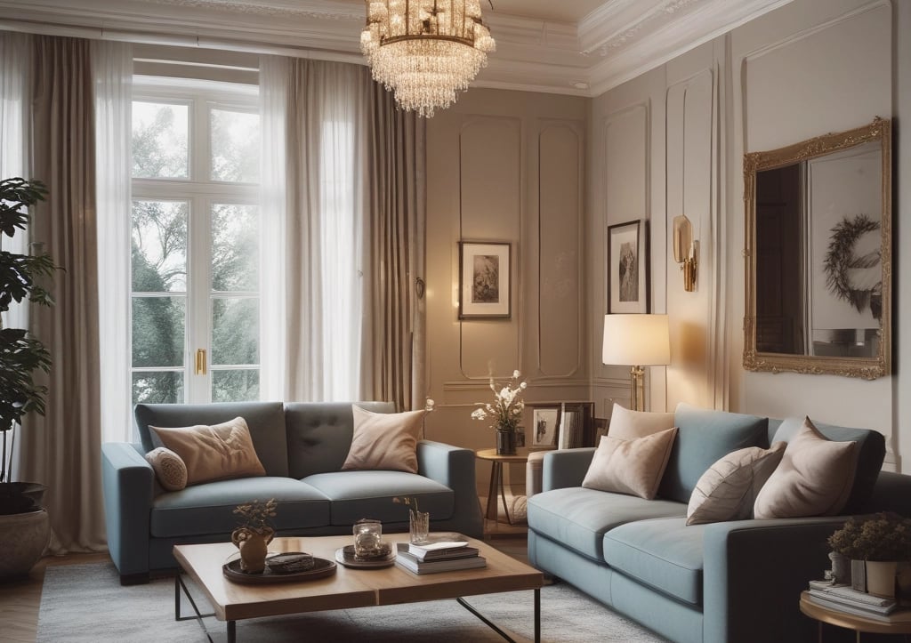 A luxurious indoor space decorated for the holiday season. A large Christmas tree adorned with lights and ornaments stands near a curtain of golden fairy lights. Elegant furniture, including armchairs and a table with a lamp, are arranged neatly. The marble flooring reflects the warm, festive lighting.