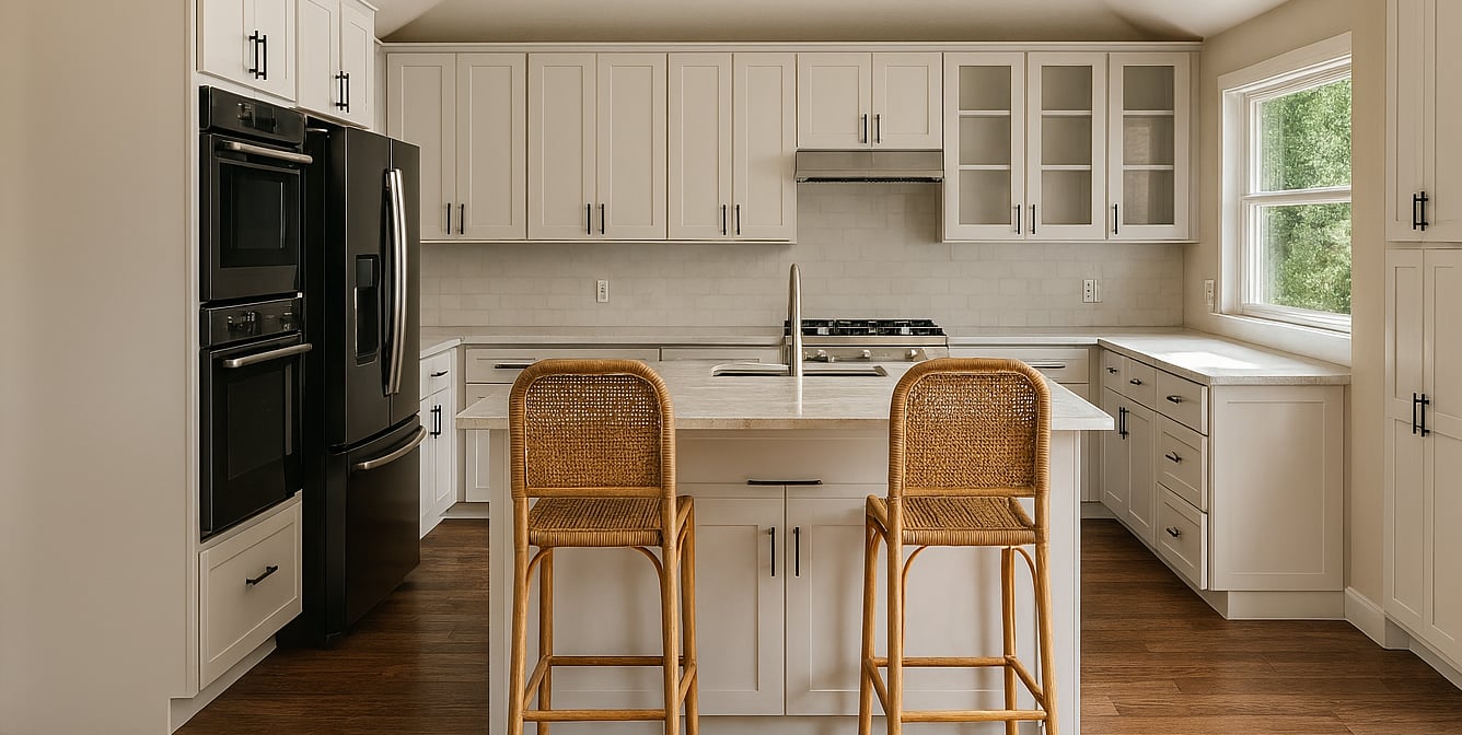 a kitchen with two chairs and a counter top