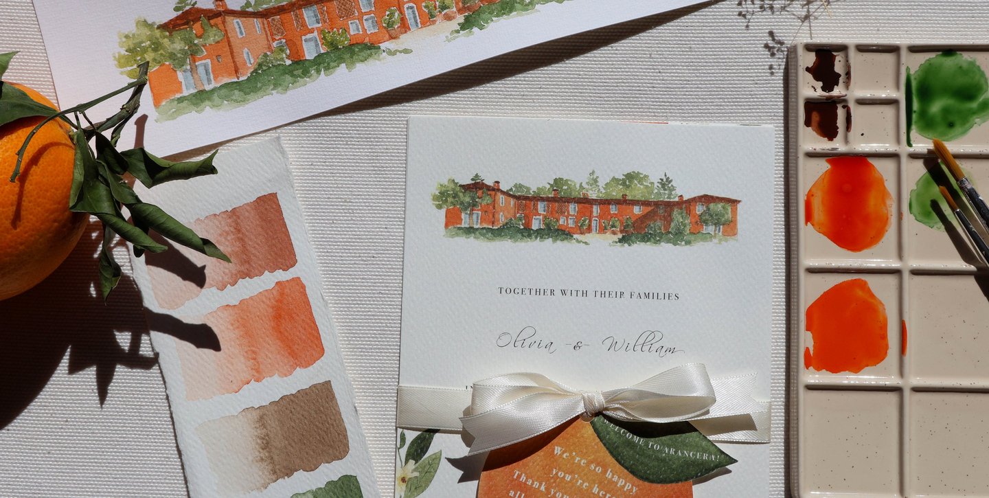 close up of final invitation with color swatches and original artwork of house