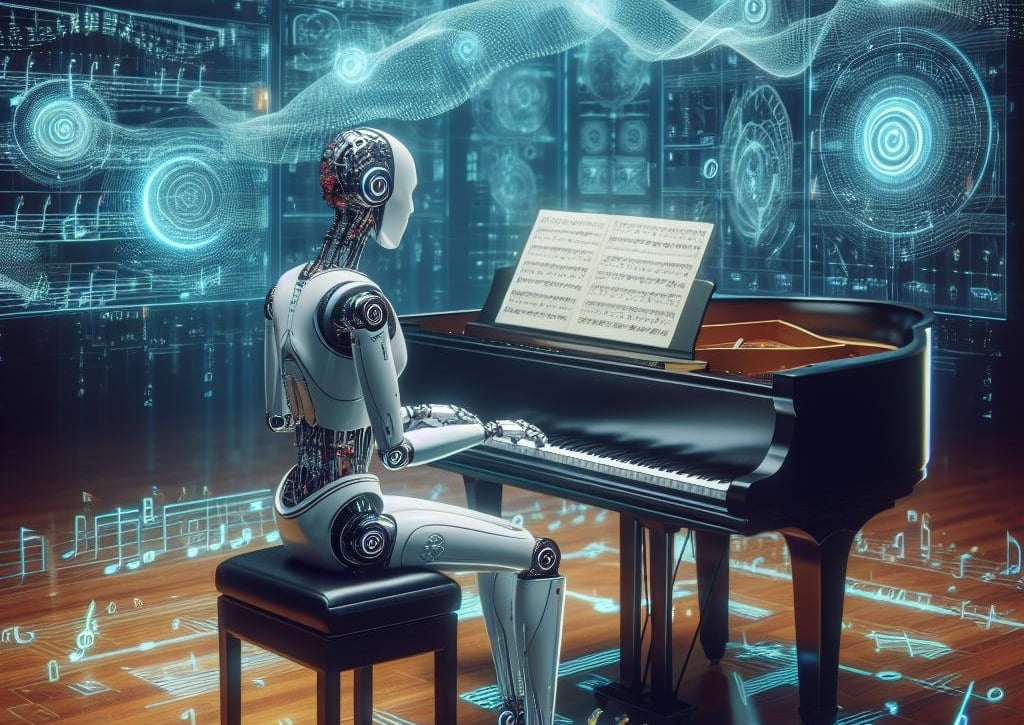 a robot with a piano and music notes