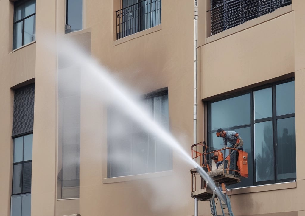 Technician using hot water pressure washer on a commercial building exterior on a sunny day.