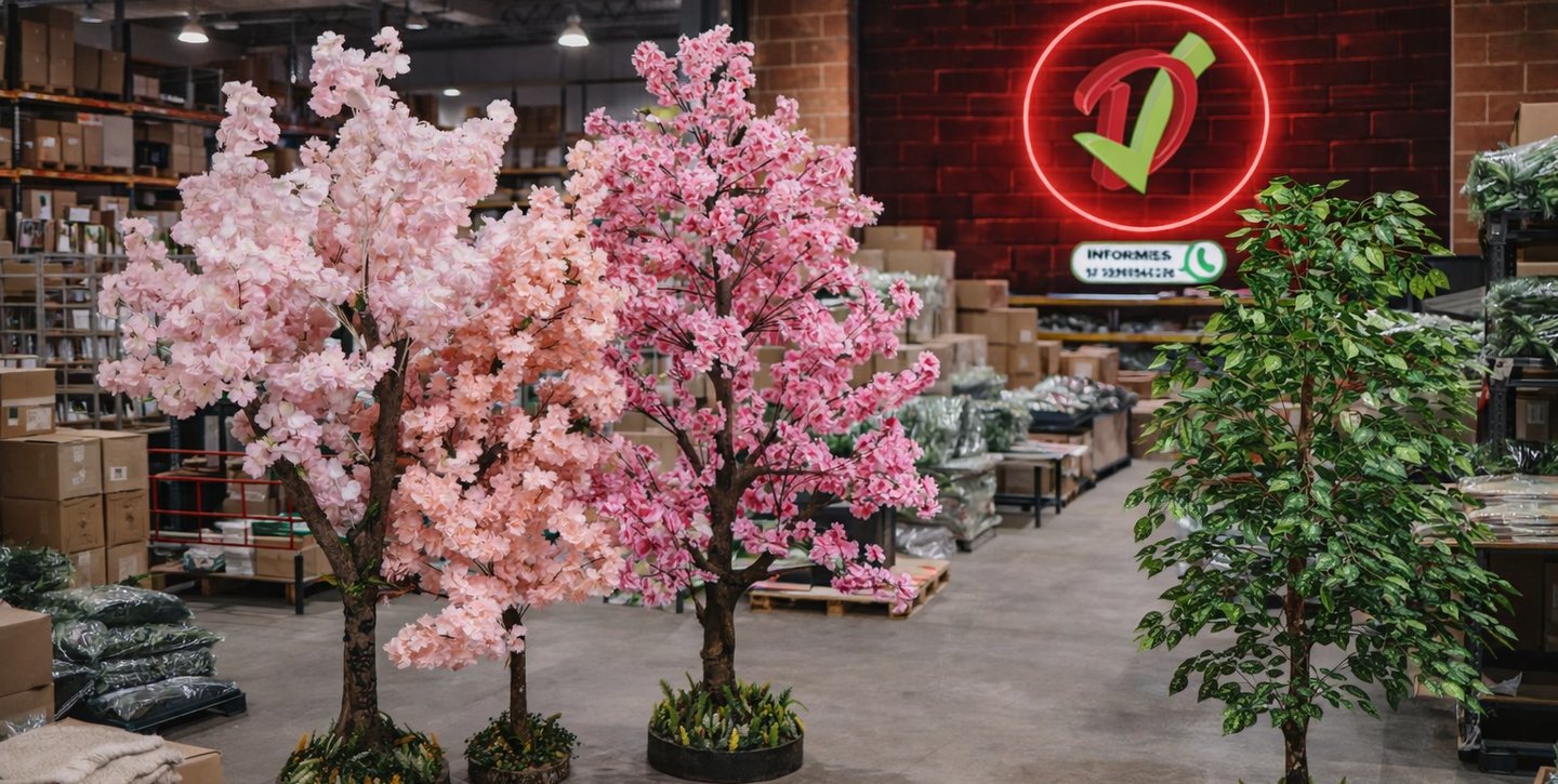 Artificial pink cherry blossom trees and green faux foliage plants on display in a warehouse showroom.
