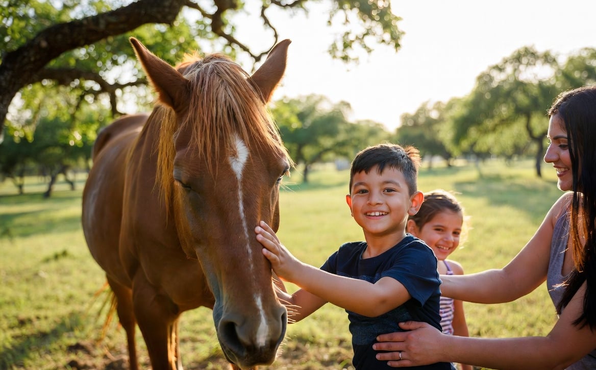 Children loving on a horse, boy smiling big.