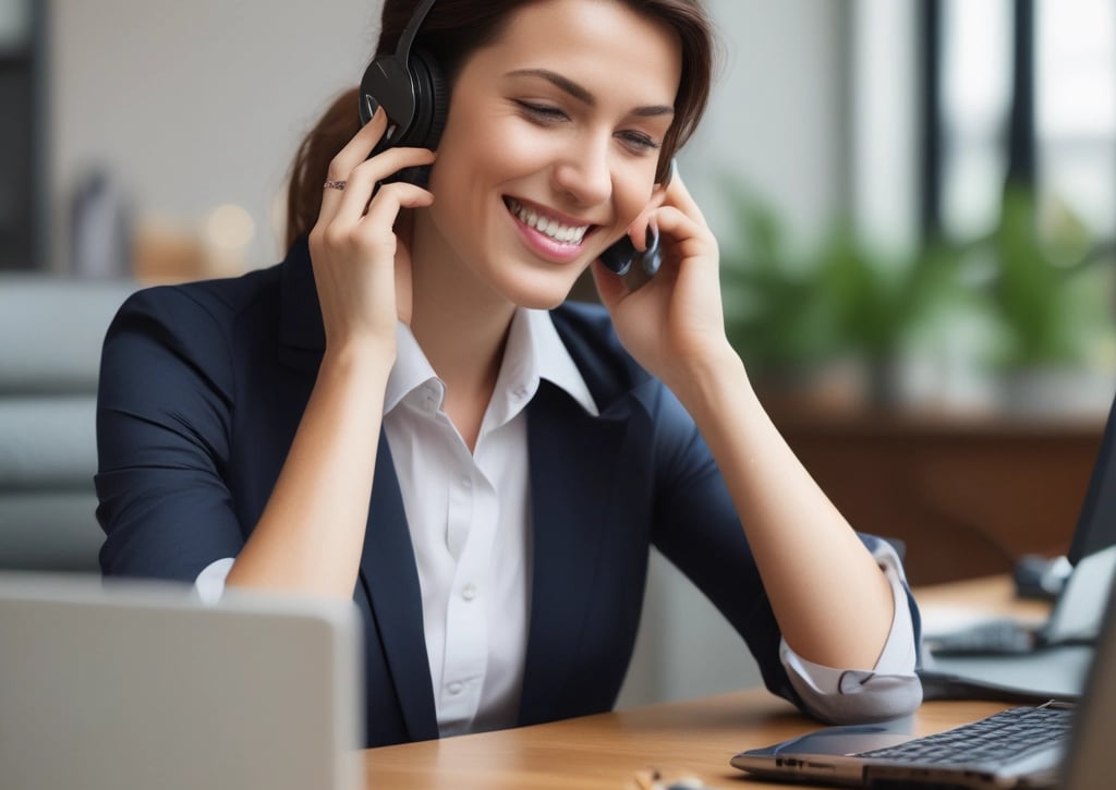 A friendly customer service representative answering a call with a warm smile in an office setting.