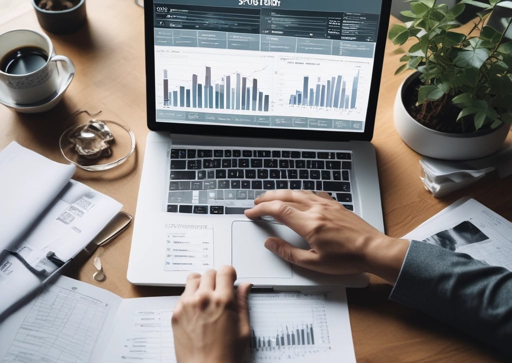 Professional person analyzing business data charts and financial analytics on a laptop at a workspace.
