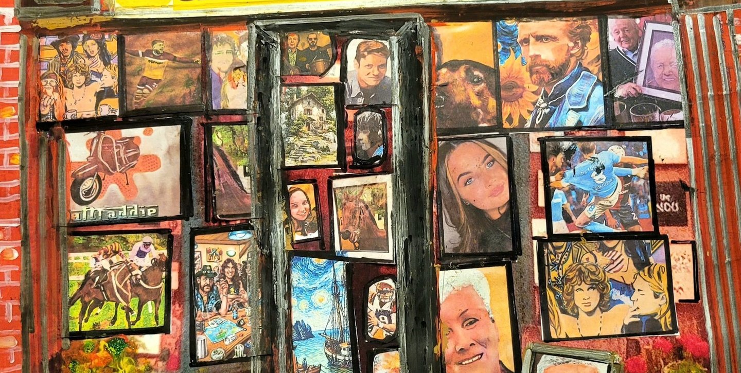 a painting of a painting of a man's face in front of a building