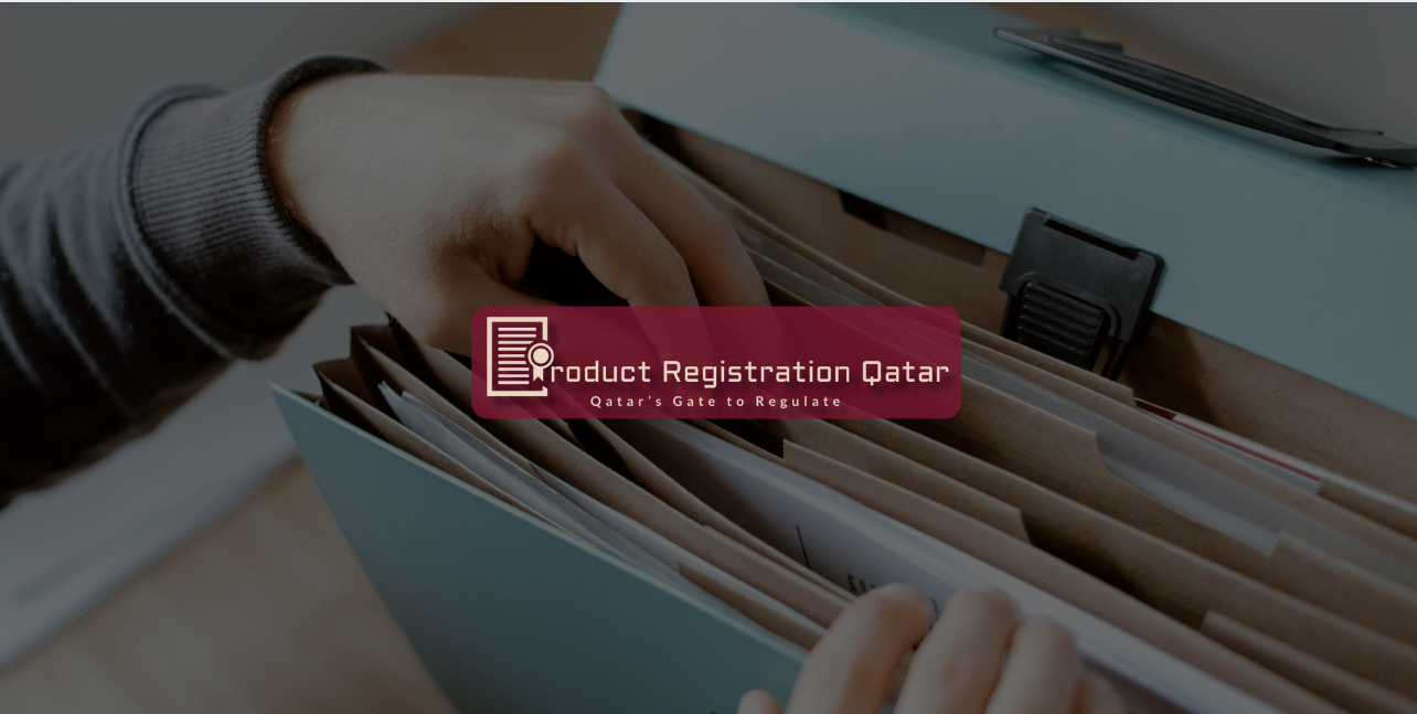 Organizing product registration documents in file folders for MoPH submission with Product Registration Qatar branding.