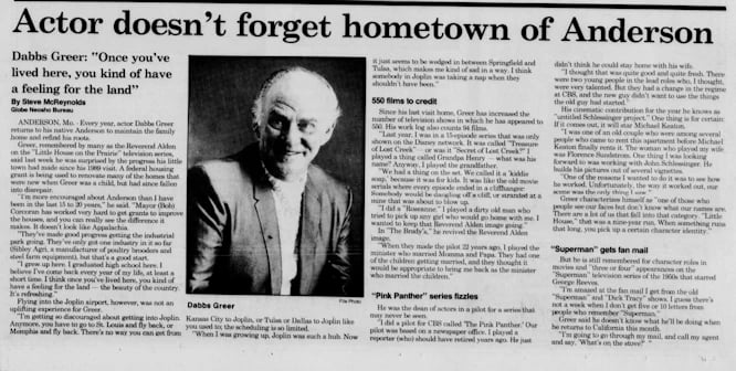 dabbs greer - Actor Doesn't forget hometown of anderson