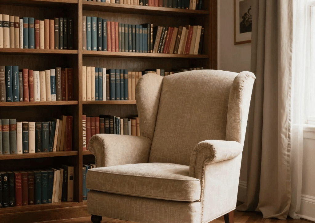 A cozy modern reading nook with a stylish fireplace and shelves filled with diverse books.