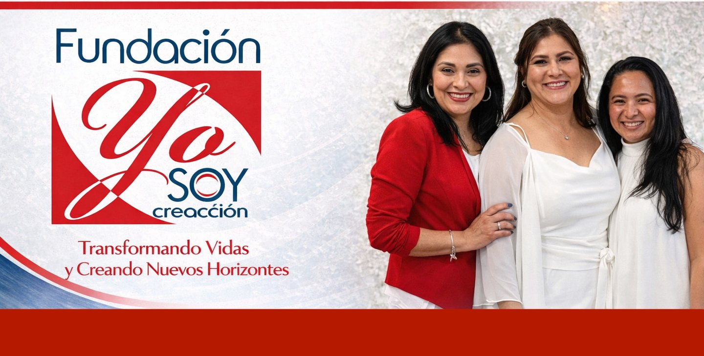 Three smiling women stand beside the Fundación Yo Soy Creacción logo for community empowerment.