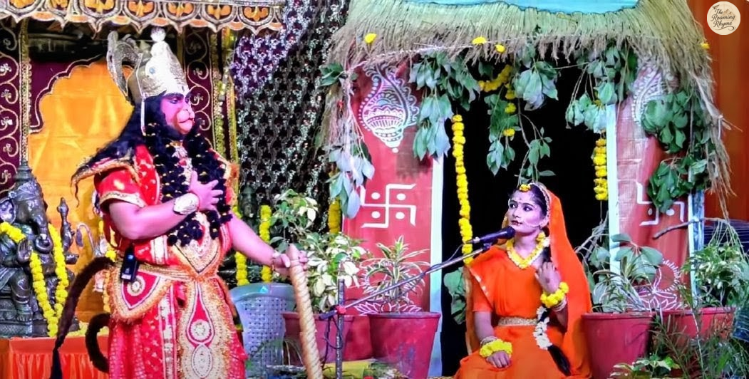 Ramleela performance scene on Rangmanch at Kota Dussehra Mela depicting Lord Hanuman meeting Mata Sita in Ashok Vatika.