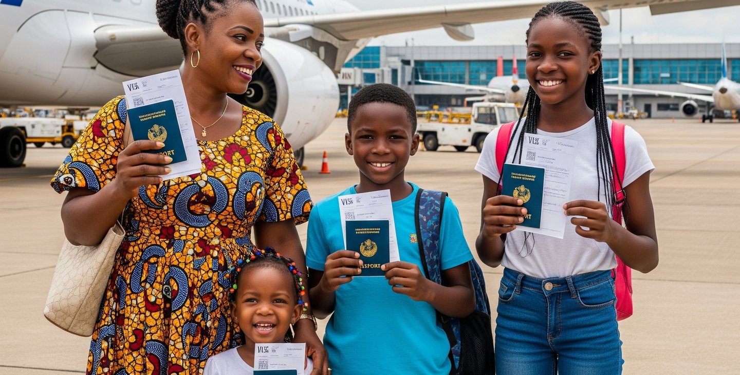a woman and two children are standing in front of a plane