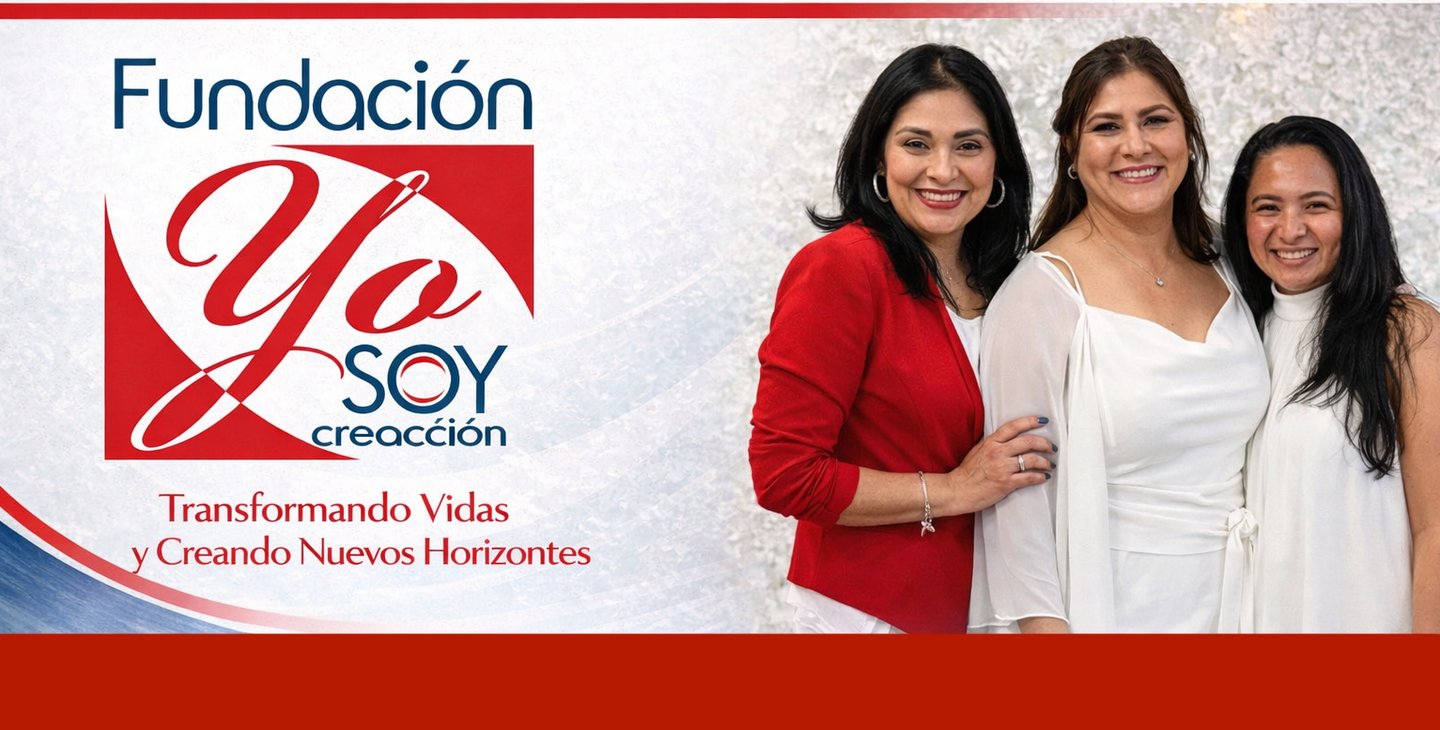 Three smiling women standing next to the Fundación Yo Soy Creacción logo and mission statement.