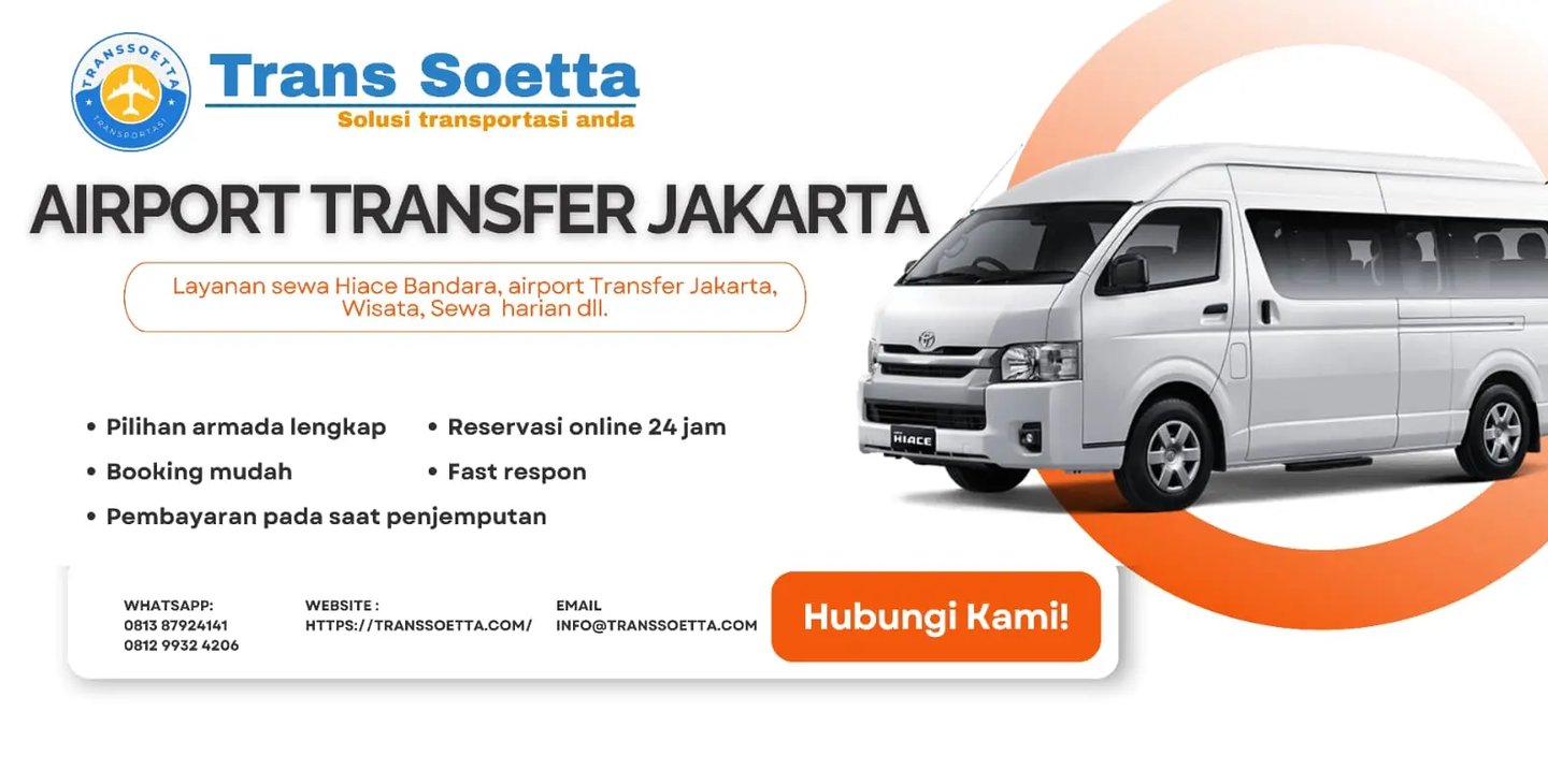 Brosur Transsoetta antar jemput bandara Soekarno-Hatta dengan gambar Toyota Hiace warna putih.