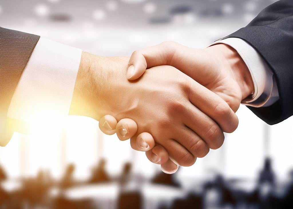 a business meeting with two people shaking hands
