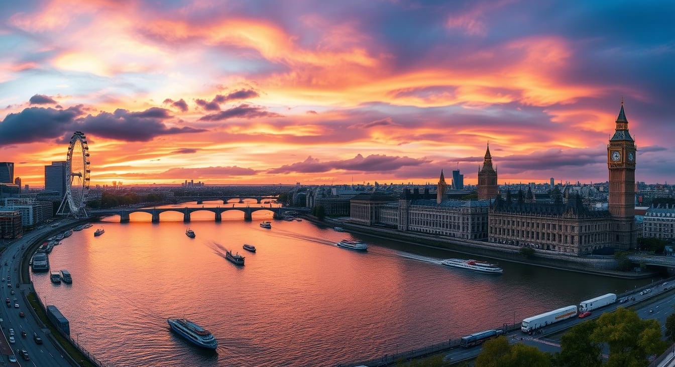 London landmarks illuminated at night with reflections on River Thames