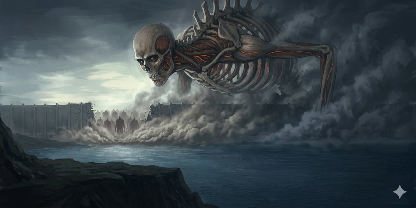 Titã Fundador acima dos Titas Colossais, durante o Rumbling, com elementos abstratos representando a