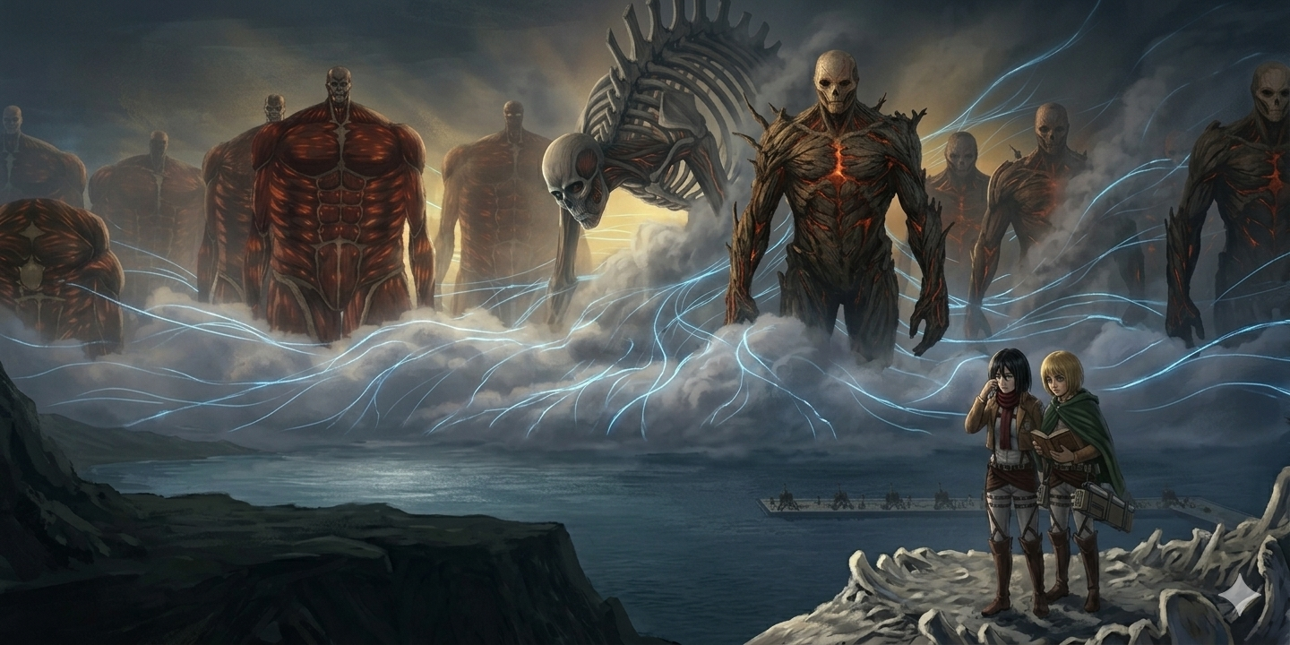 Mikasa Ackerman e Armin Arlert observando o avanço dos Titãs, com expressão de conflito e tristeza.