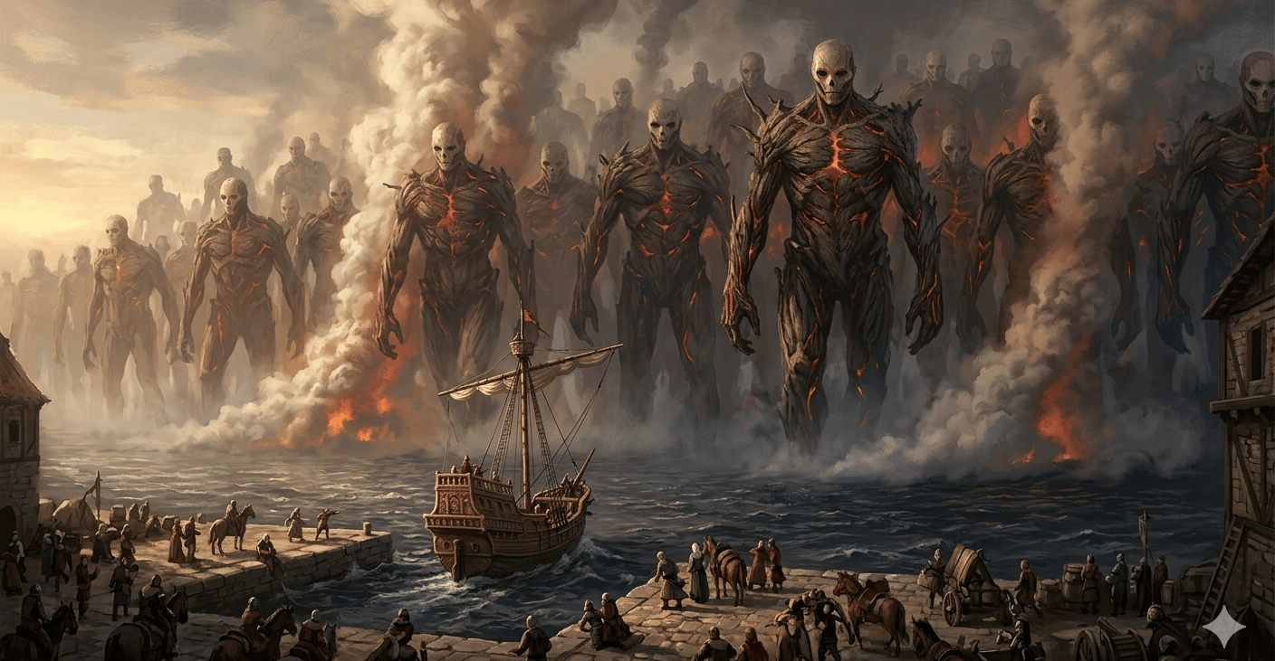 Exército de Titãs Colossais marchando em massa, emitindo vapor e destruindo cidades