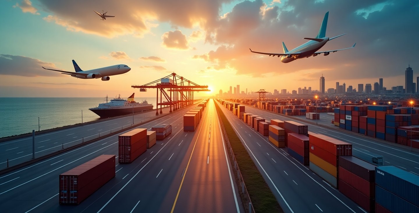 a plane flying over a large container container