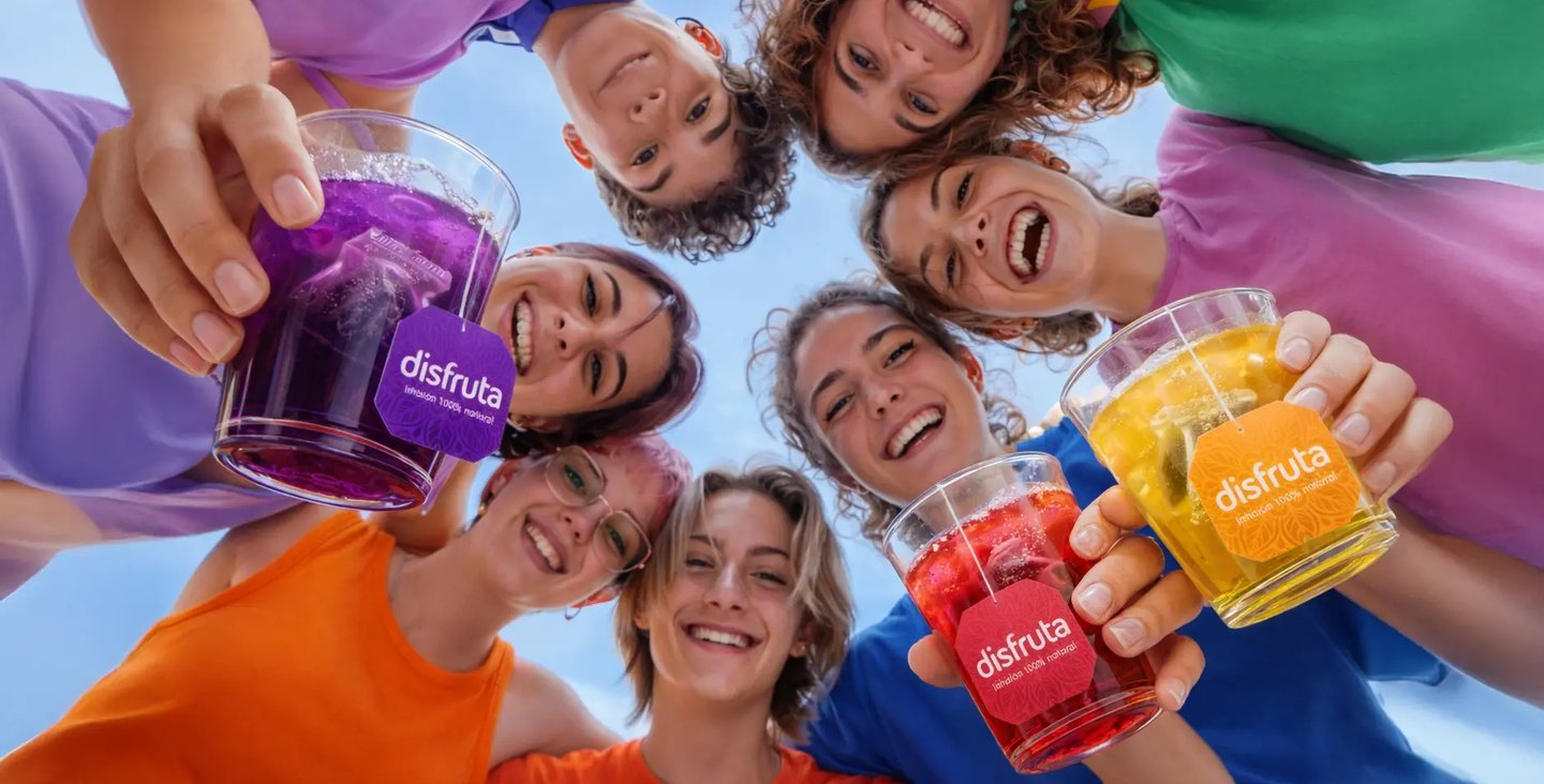 Ragazzi bevono tisane fredde Disfruta alla frutta con bustina visibile nel bicchiere.