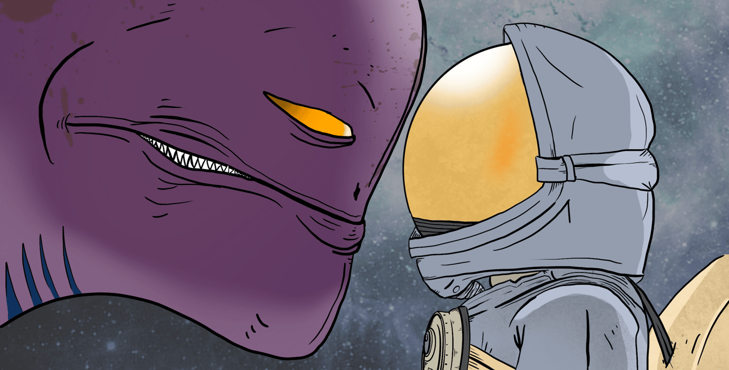 giant growling purple alien and astronaut in a staring contest