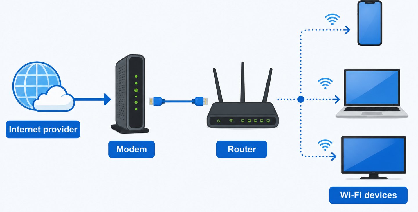 Diagram showing an internet provider connected to a modem, then a router sending Wi-Fi to a phone, l