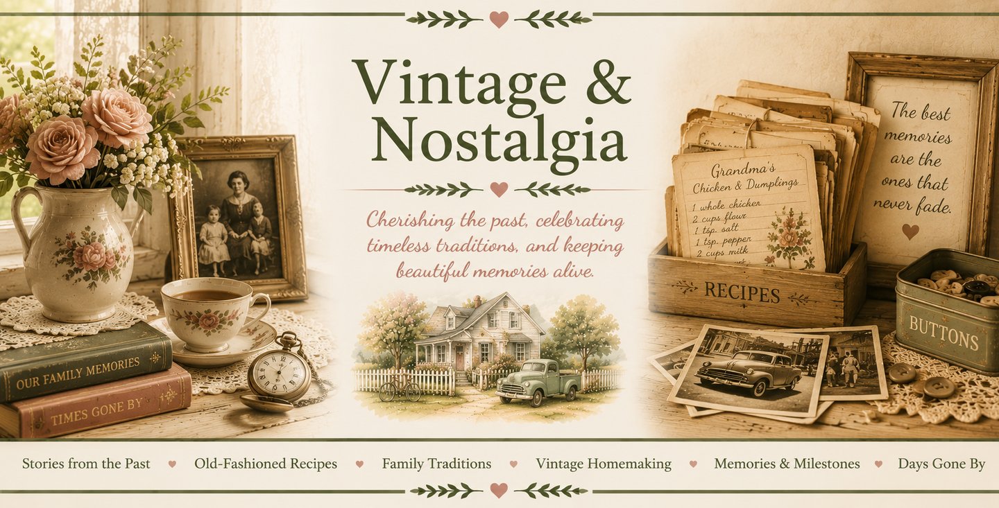 Vintage nostalgia collage featuring old family photos, recipe cards, and antique keepsakes.