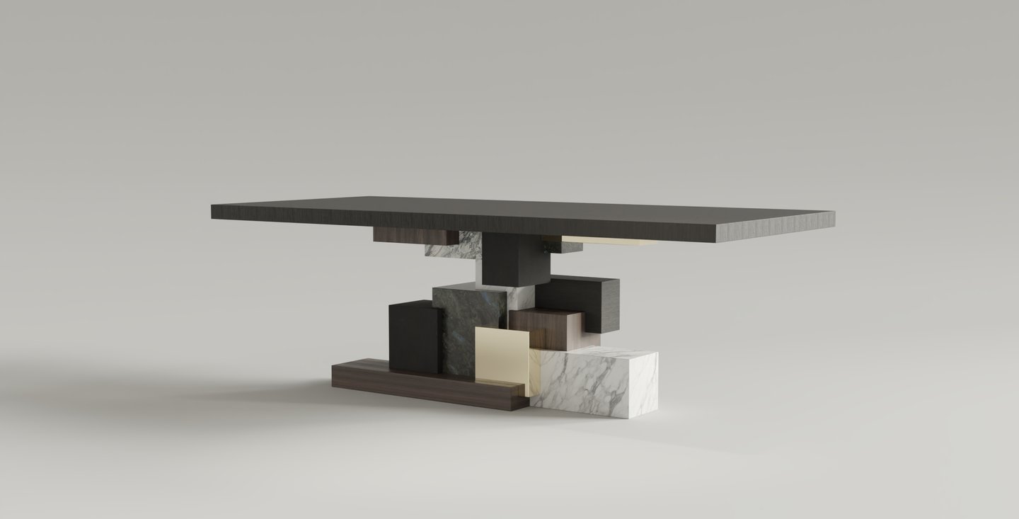 Blocks dining table, base in interlocking volumes of white marble, lava stone, walnut and brass, moabi top