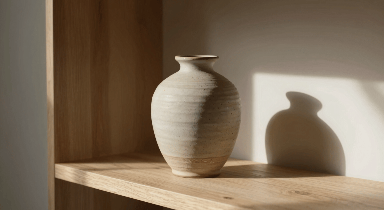 A quiet corner with a single handmade ceramic vase on a light oak shelf, soft morning light casting gentle shadows.