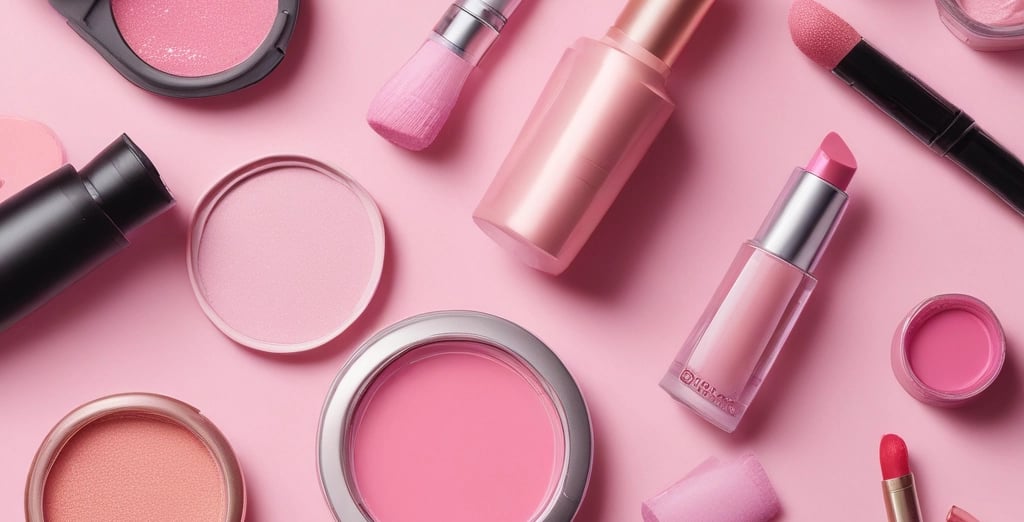 Close-up of colorful makeup products arranged on a pastel pink background