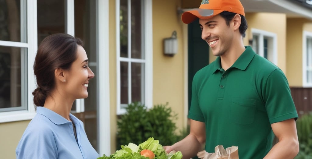 A delivery person handing a grocery bag to a smiling customer at their doorstep in the morning light