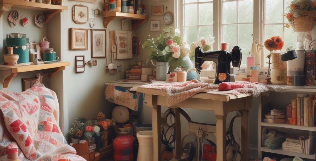 A beautifully lit, pastel colored workroom with a black vintage sewing machine and potted plants 