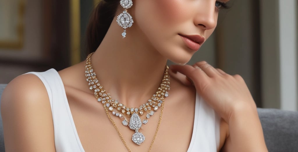 A set of jewelry items including large hoop earrings and a decorative ring are placed on top of a branded white box. The background features a dark-colored candle and some out-of-focus text, creating an elegant and sophisticated setting.