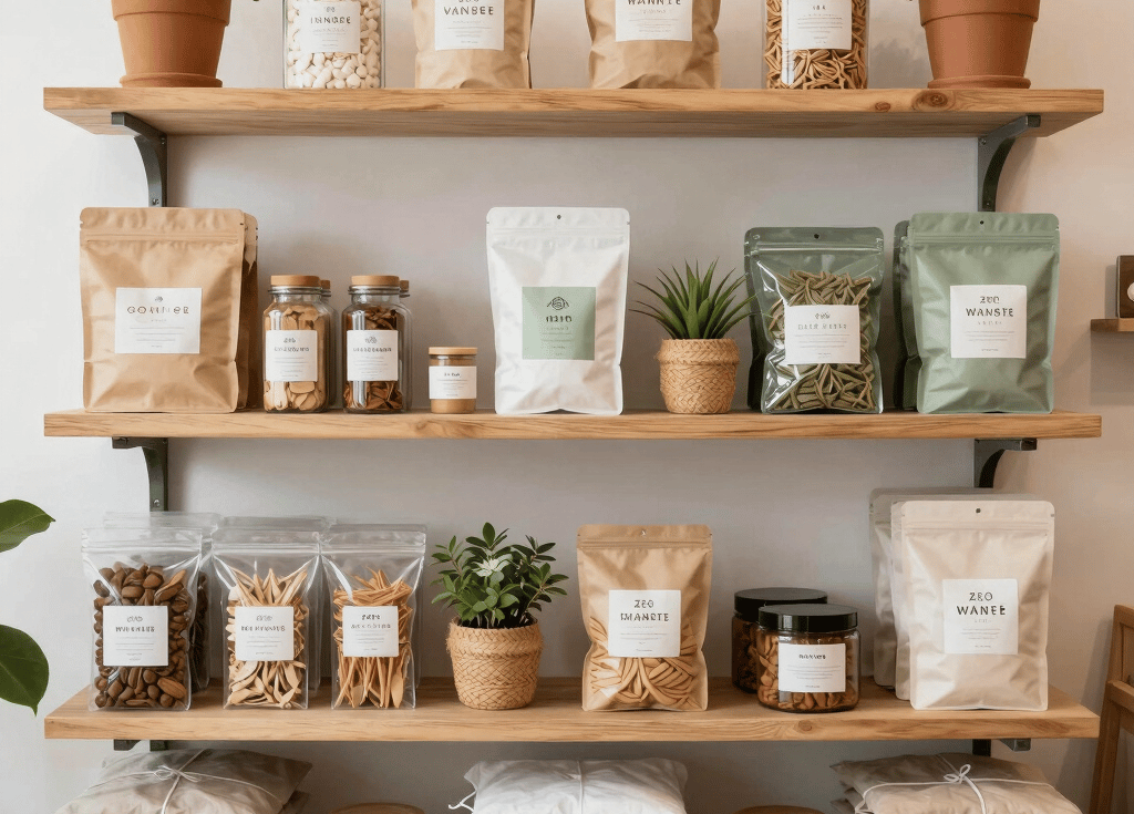 A minimalist arrangement of soft earth-toned products displayed with ample white space.