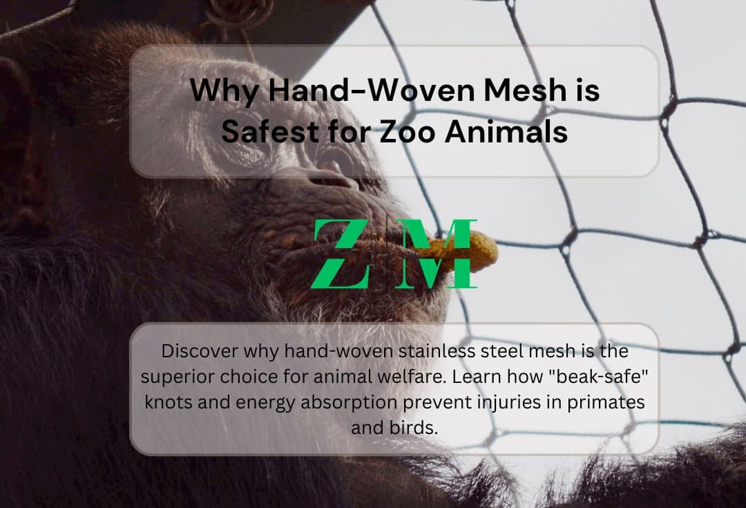 A primate looking through hand-woven stainless steel wire mesh in a safe zoo enclosure.