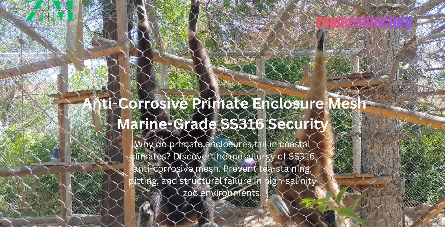 Two gibbons climbing on marine-grade SS316 anti-corrosive primate enclosure mesh in a naturalistic zoo habitat