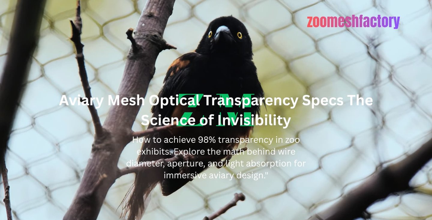 High transparency zoo mesh exhibit showing 98% visibility and 'focus-past' optical effect for immersive aviary design.