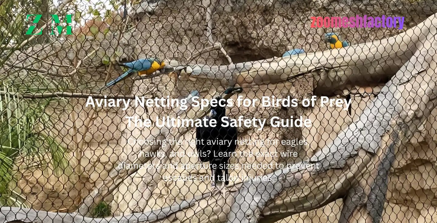 Close-up of stainless steel aviary netting in a bird of prey enclosure, transparency and safety for avian exhibits