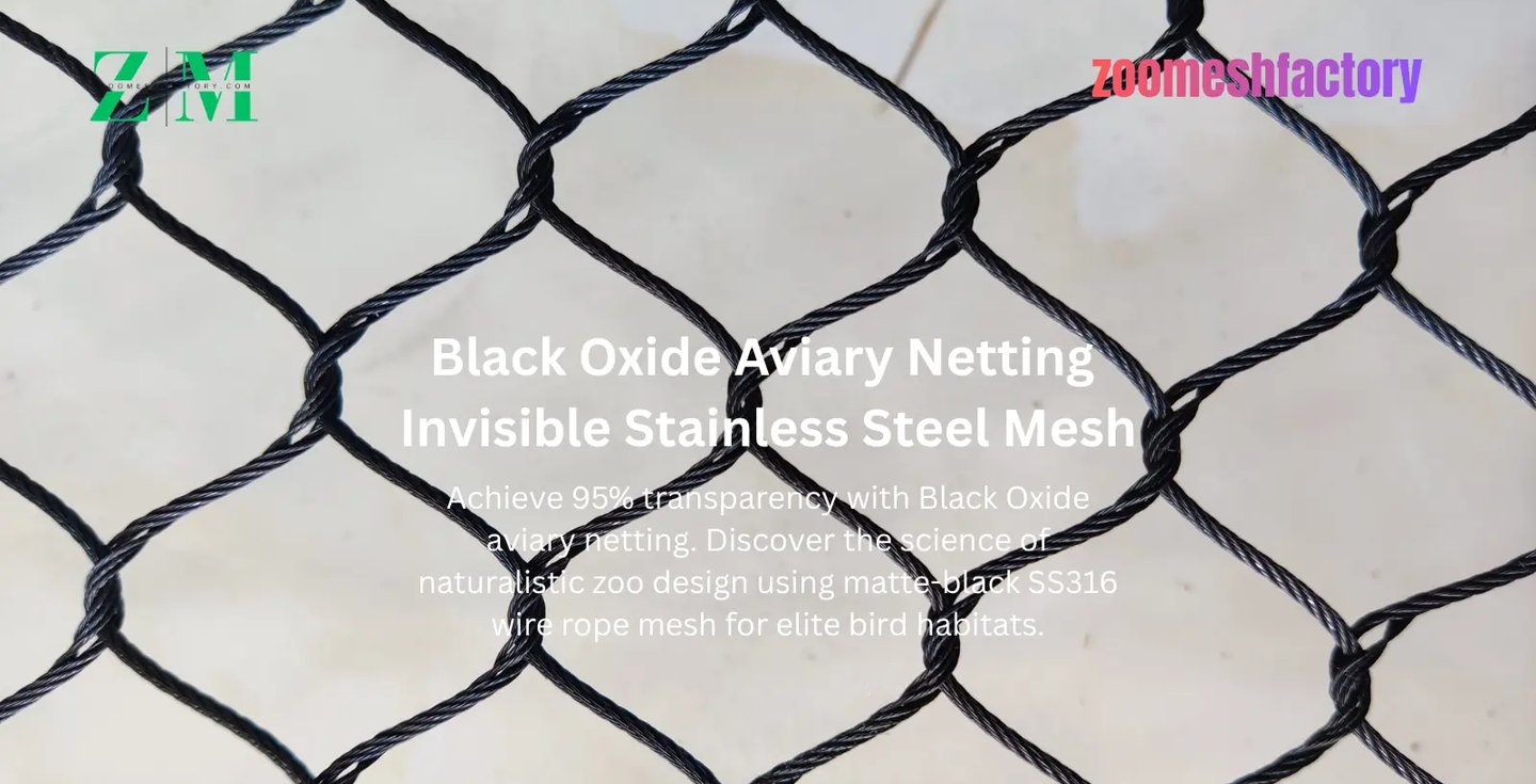Macro view of Black Oxide Aviary Netting showing the detailed 7x7 stainless steel wire rope construction.