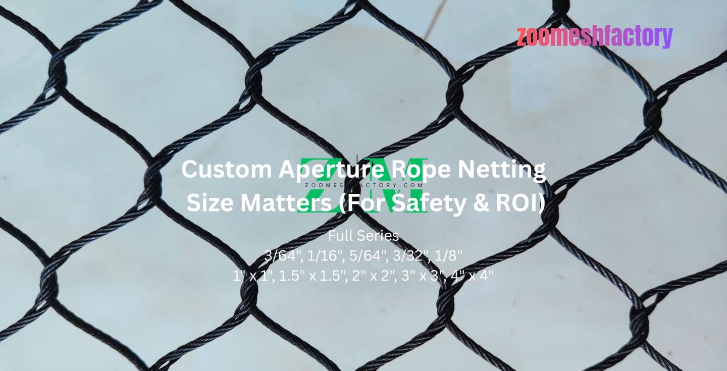 Technical series of custom aperture rope netting showing various wire diameters and mesh opening sizes.