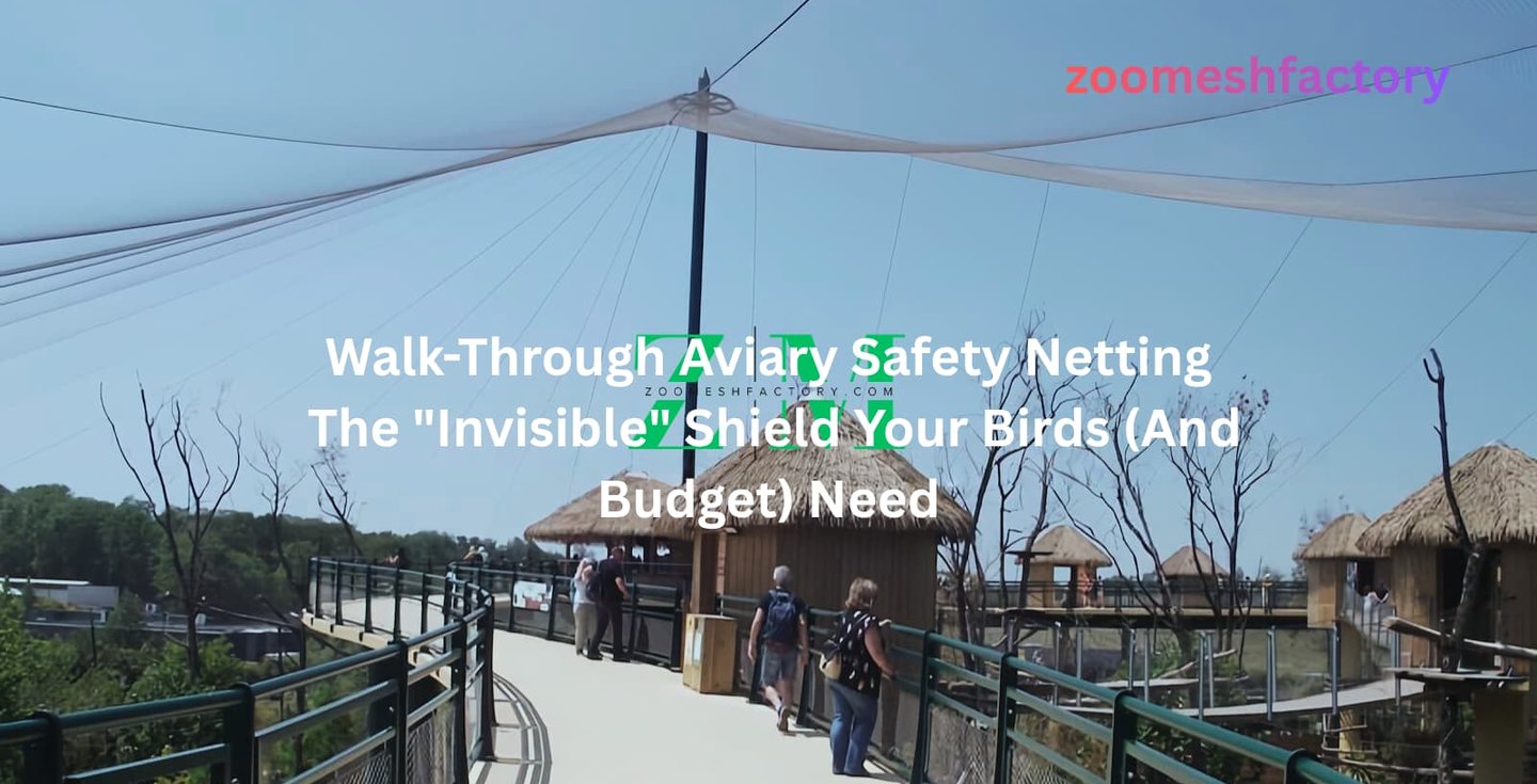 A wide-angle view of a professional walk-through aviary showing the high transparency of stainless steel safety netting