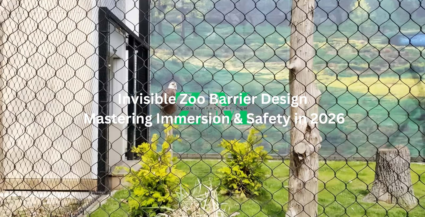 A bald eagle perched inside a high-transparency aviary featuring black oxide stainless steel knotted rope mesh