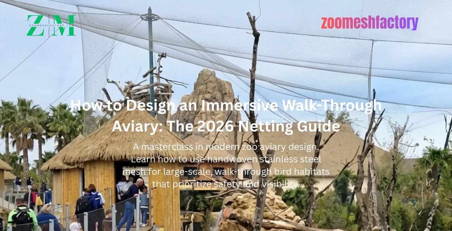 A panoramic view of a large-scale zoo aviary featuring expansive stainless steel cable mesh supported by high masts.