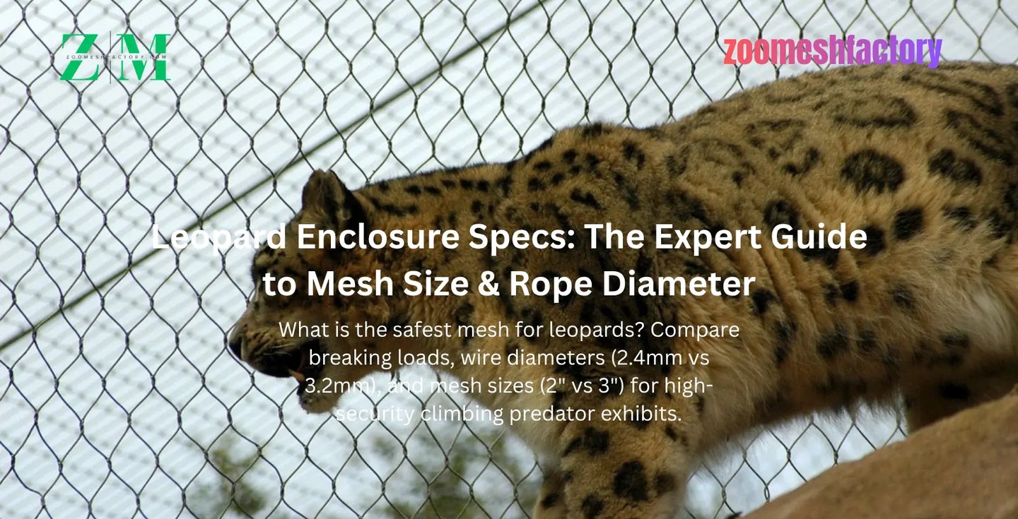 A snow leopard stands behind a high-tensile 3.2mm stainless steel cable mesh barrier.