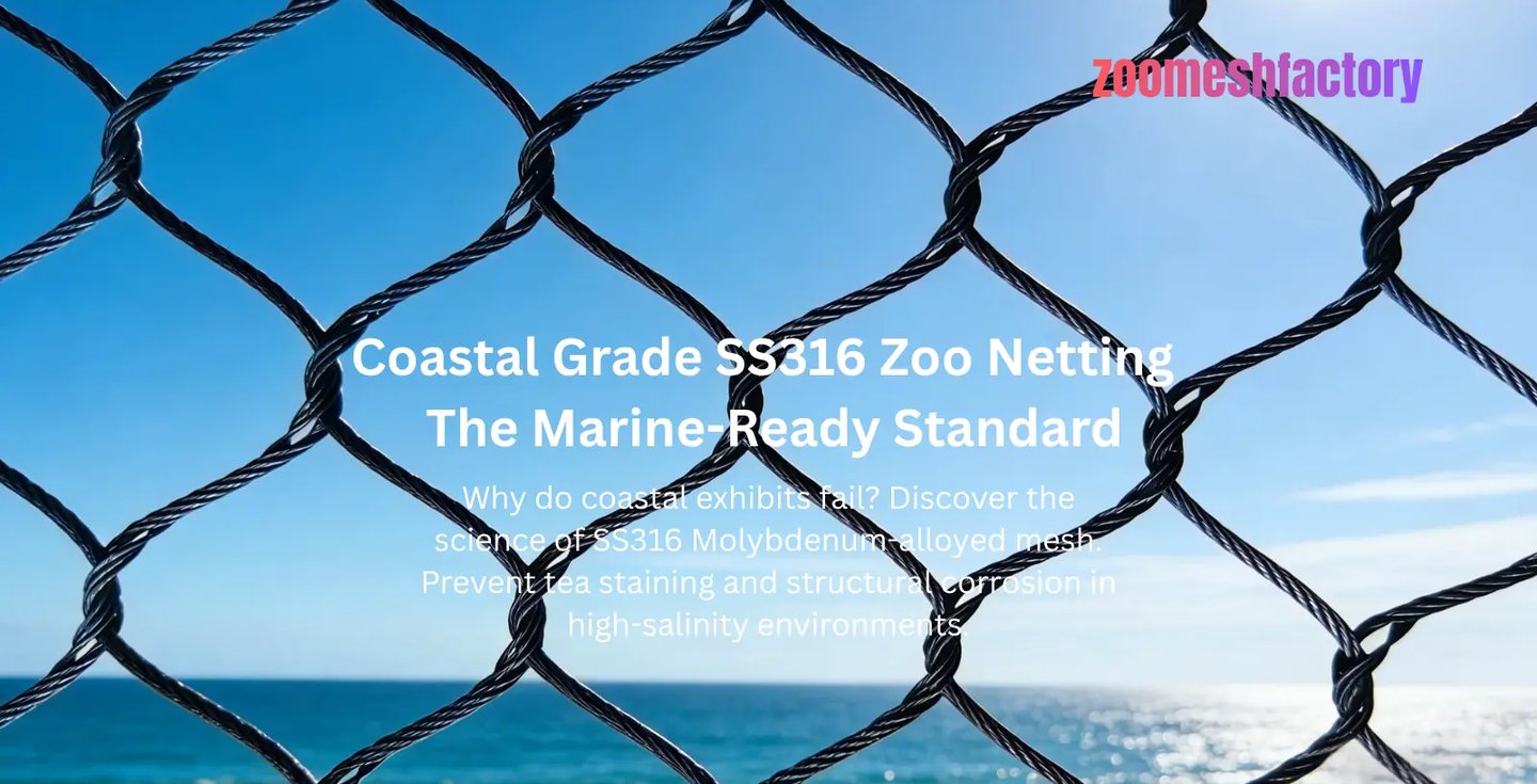Coastal Grade SS316 Zoo Netting showing knotted wire rope construction against a direct ocean view.