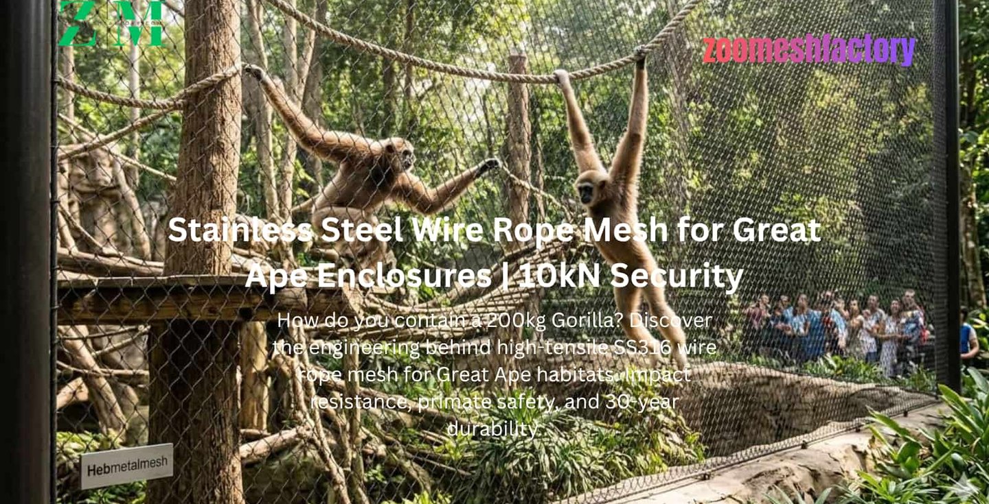 A view of gibbons climbing on high-tensile SS316 stainless steel wire rope mesh at a modern great ape enclosure.
