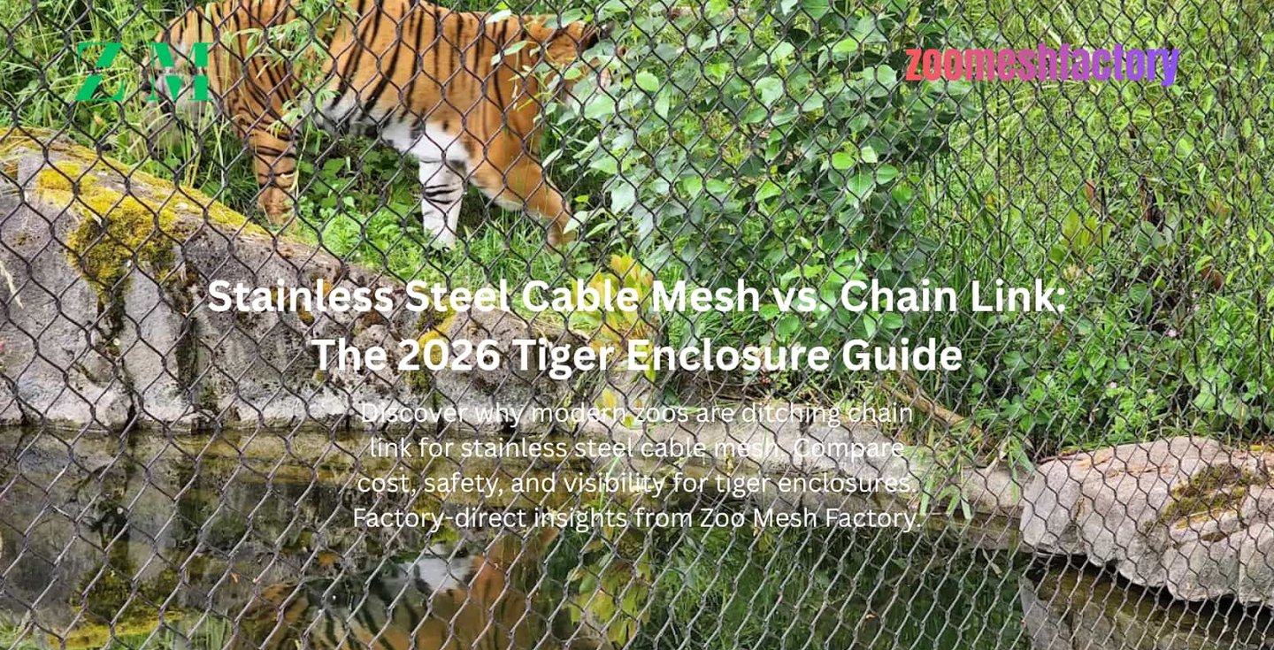 A Malayan tiger walks on grassy terrain behind a new, high-tensile stainless steel cable mesh enclosure fence.