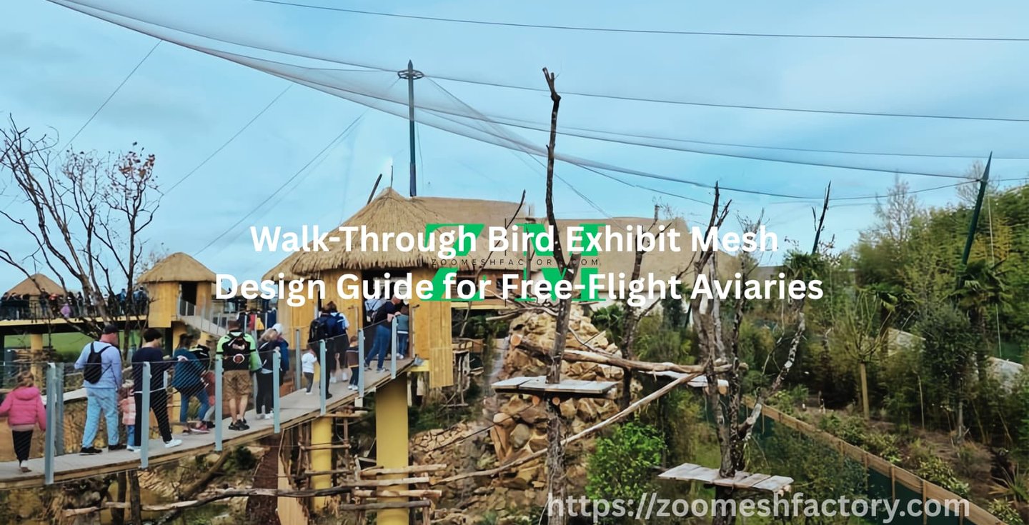 Walk-through free-flight bird aviary featuring protective stainless steel cable mesh and elevated walkways.