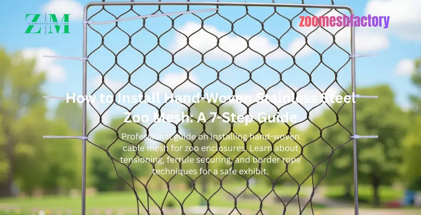 Professional installer using a hydraulic swaging tool to secure stainless steel ferrules on zoo enclosure cable mesh